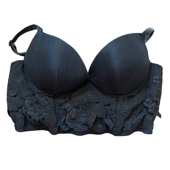 La Perla Black Silk Scalloped Lace Push Up Bra Zipper Back 36B